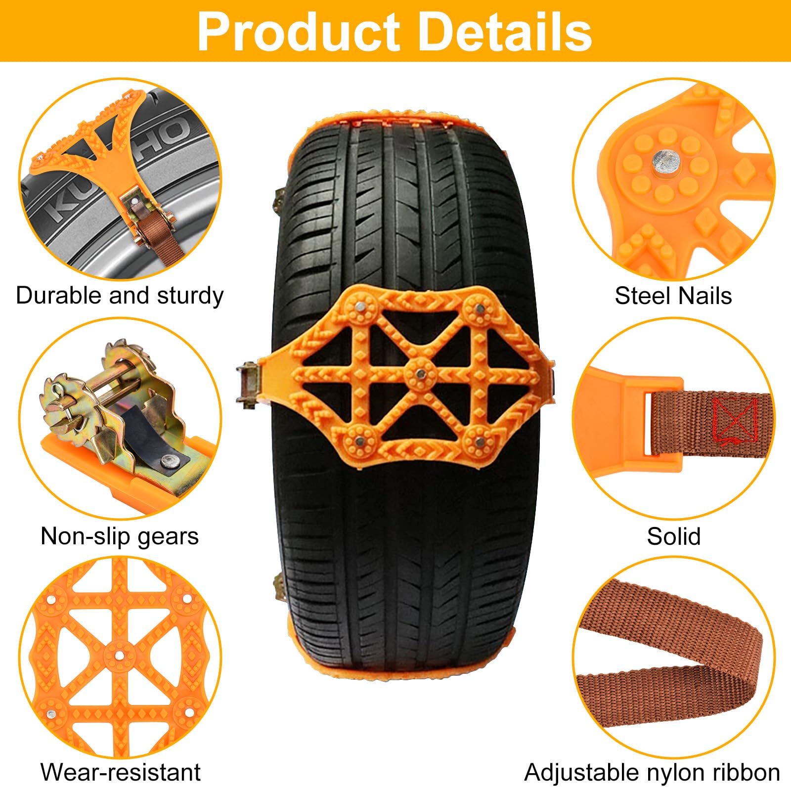Chaînes à Neige, Chaînes de Pneus DUOJIN Lot de 8 Chaînes antidérapantes universelles en TPU épais avec kit d'outils pour largeur de pneu 165-265 mm - Pour la plupart des voitures, camions, SUV
