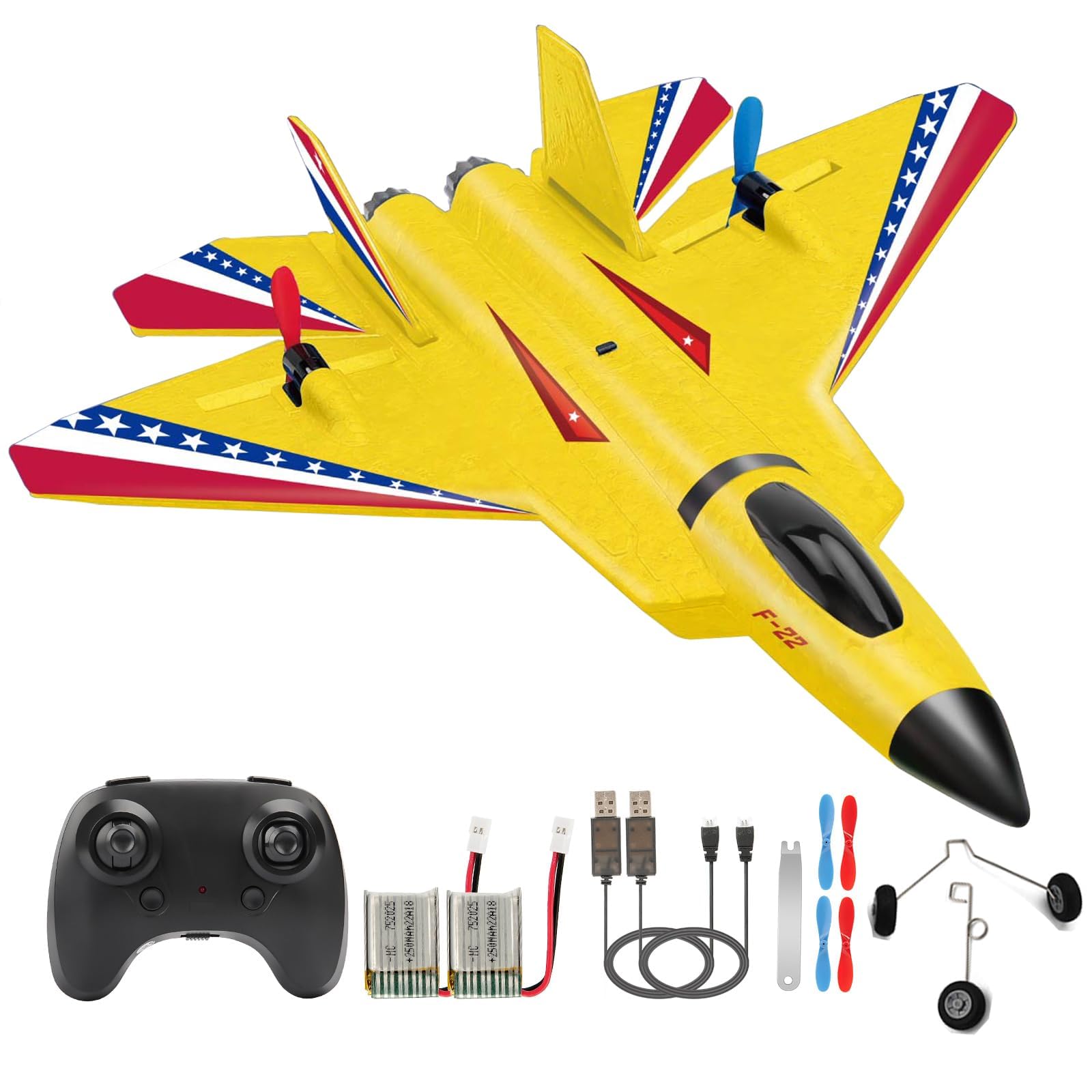 ANTSIR F22 Raptor RC Airplane, Durable Foam Remote Control Jet with Gyro & LED Lights, 2 Rechargeable Batteries, 2.4GHz RC Glider Toy Gift for Kids Boys Girls Adults Yellow F22-2 Batteries