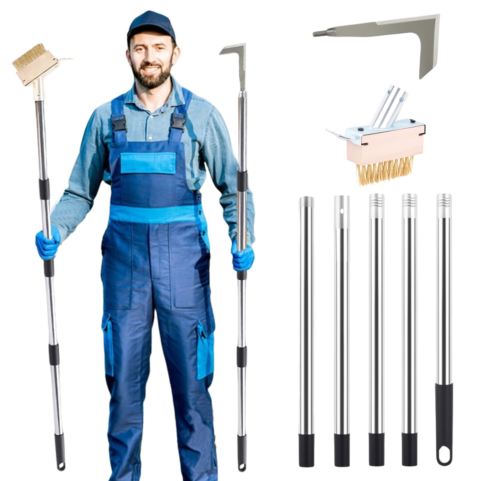 Langer Griff Crack Weeder Tool Set mit verstellbarem 160 cm Griff, 2-in-1 Edelstahl-Fugendüse & Bürste für Unkraut- und Moosentfernung von Terrassen, Einfahrten, Gehweg-Rissen