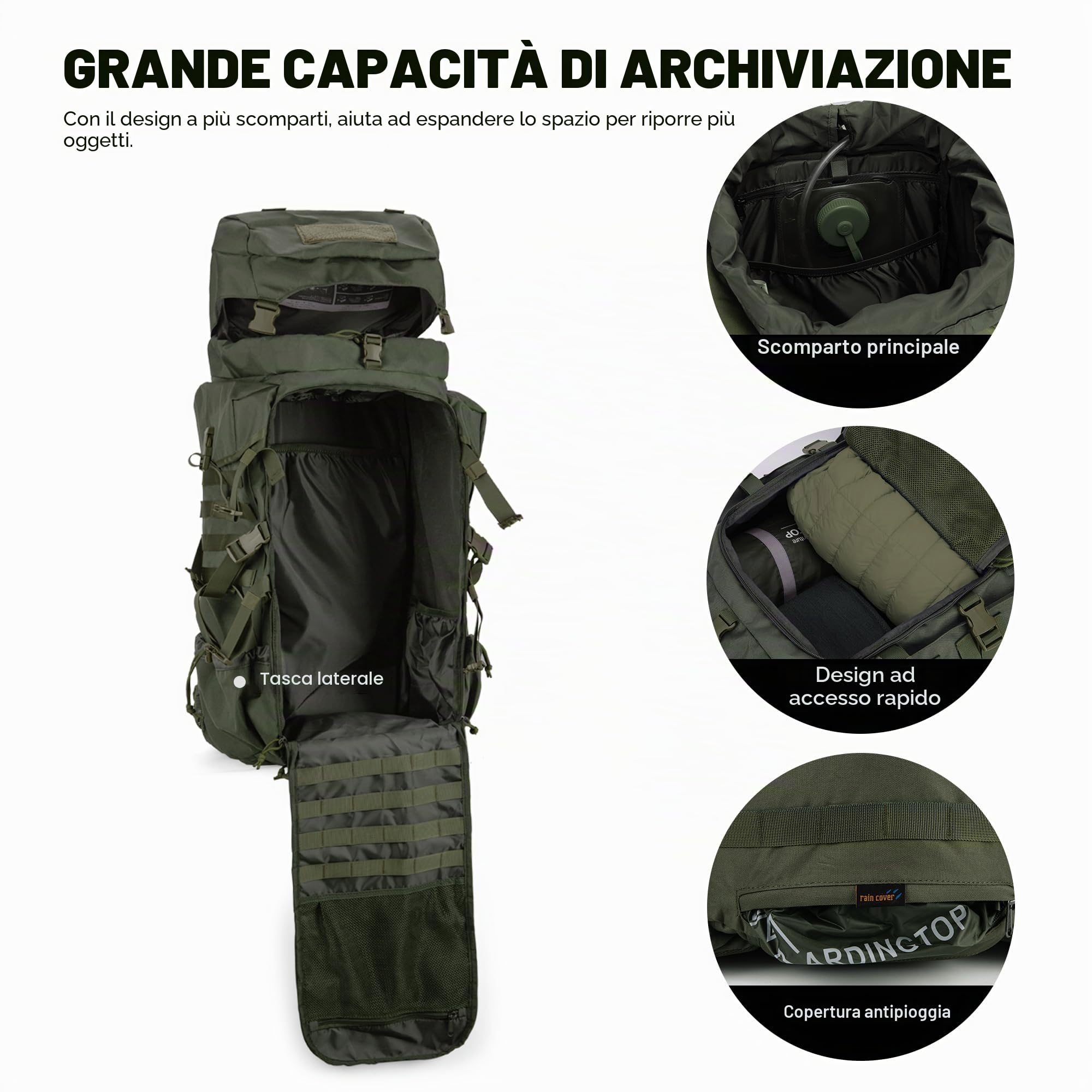 Mardingtop 70L Zaino Militare da Trekking con Copertura Antipioggia Zaino da Trekking All'aperto Zaino Tattico di Grande capacità per Escursioni, Alpinismo e Viaggi (70l-Verde Cavalleria)