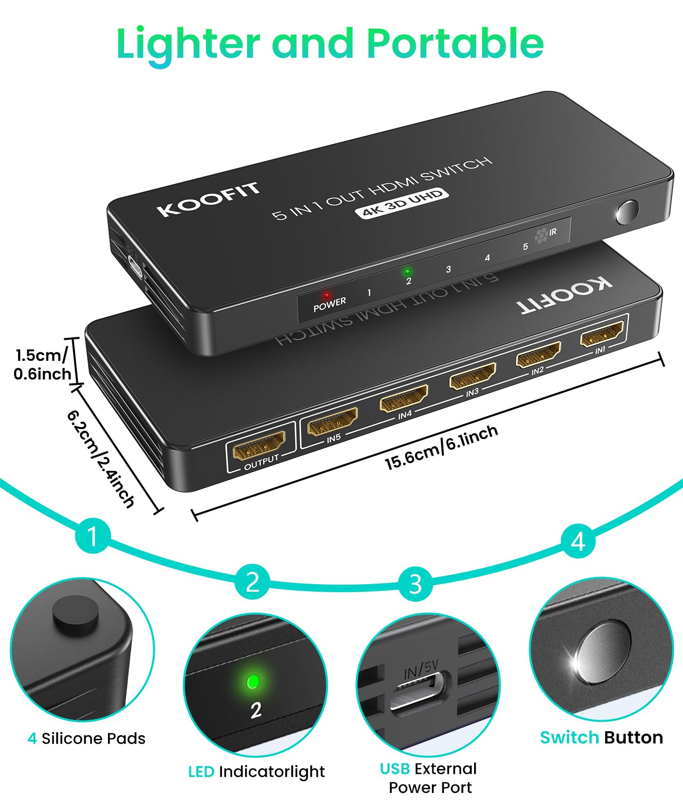 Przełącznik HDMI 5 wejść 1 wyjście, przełącznik rozdzielacz HDMI 4K z pilotem, automatyczny przełącznik obsługuje 4K 3D UHD HDR dla PS5, PS4, PS3, Roku, DVD, Blu-ray, Xbox, PC, TV