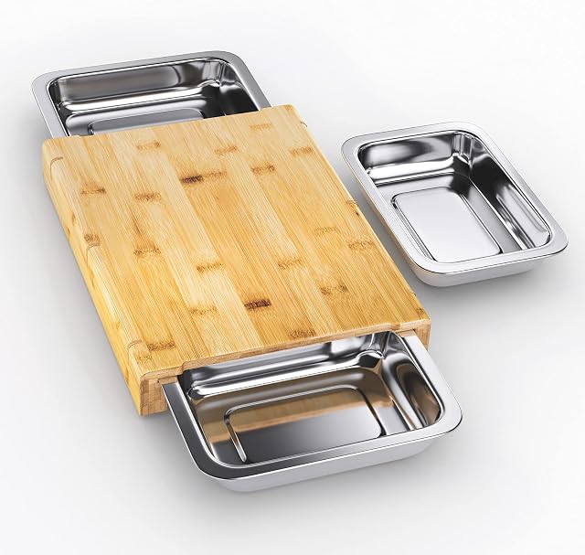 ZOEON Bamboo Chopping Board with 3 Collecting Trays, Cutting Board with Drawers, 40.5x30x6 cm