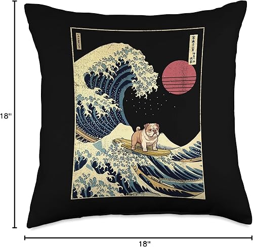 Miniatura 4 de English Bulldog Kanagawa Wave - Almohada divertida para perro de surf, 18 x 18 pulgadas, multicolor