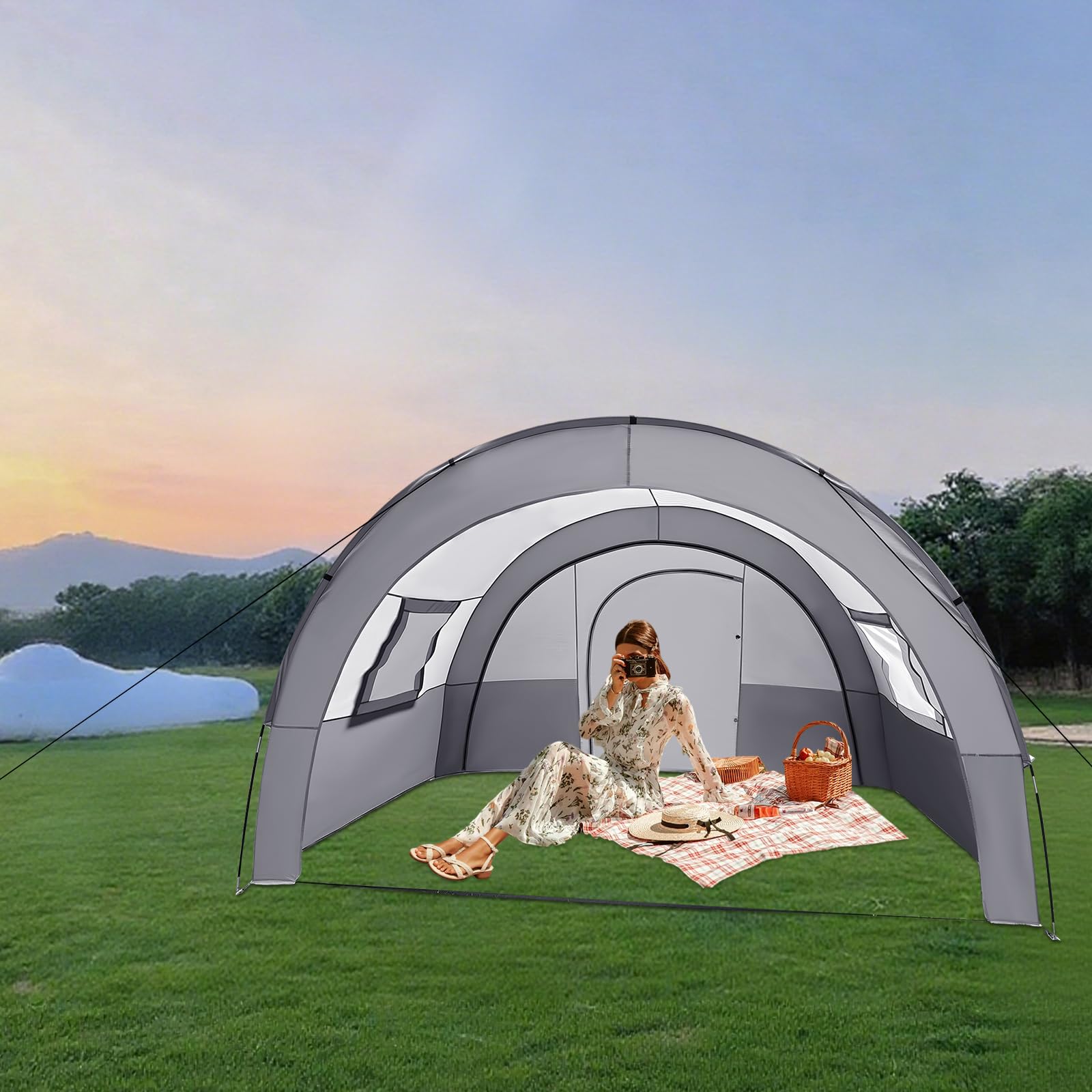 Tente tunnel spacieuse pour 6 personnes avec auvent, tapis de sol, moustiquaire et sac de transport, tente familiale étanche pour camping, festivals et voyages, 350 x 480 x 206 cm