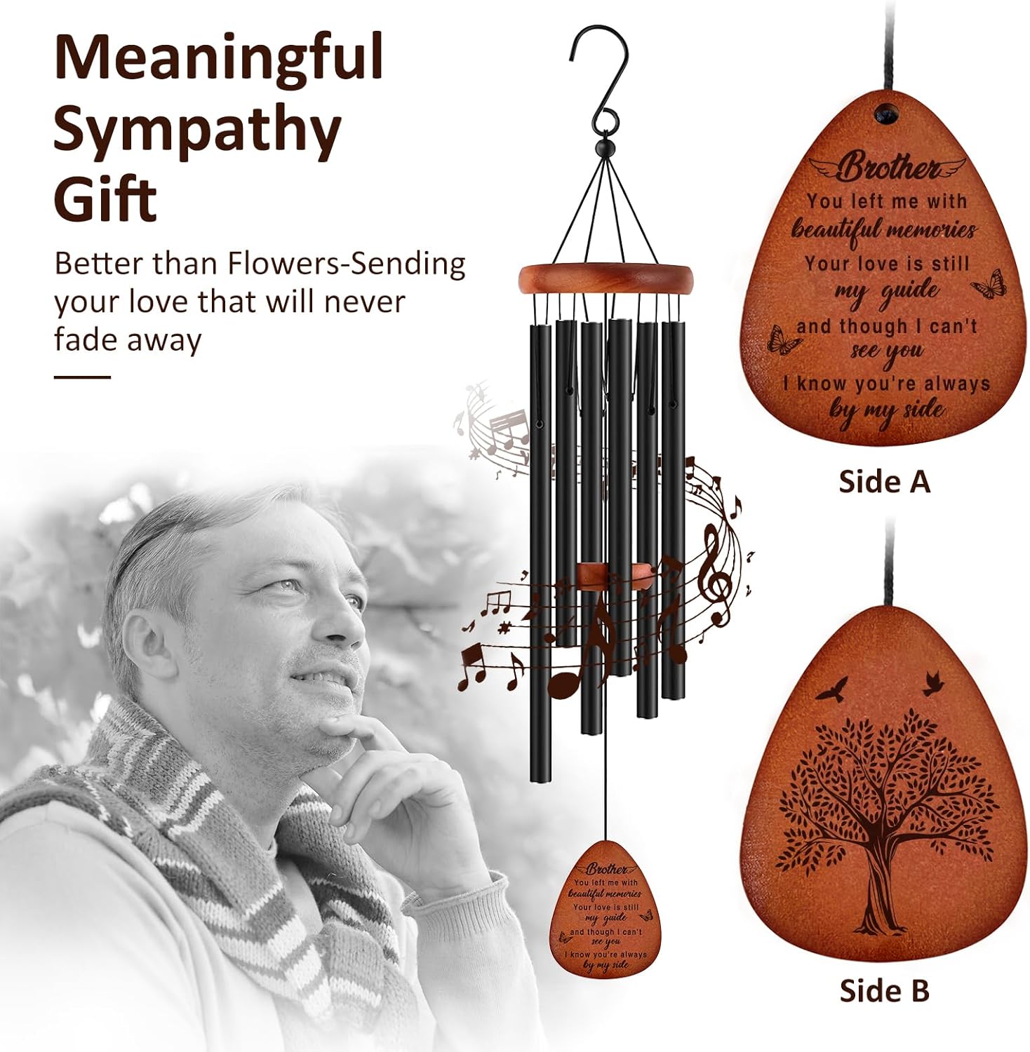 Memorial Gifts for Loss of Brother,Memorial Wind Chimes 25'', Loss of Brother Sympathy Gifts, Home Decor Outdoor Garden, Soothing Melodic Tones with Mute Option - Image 3