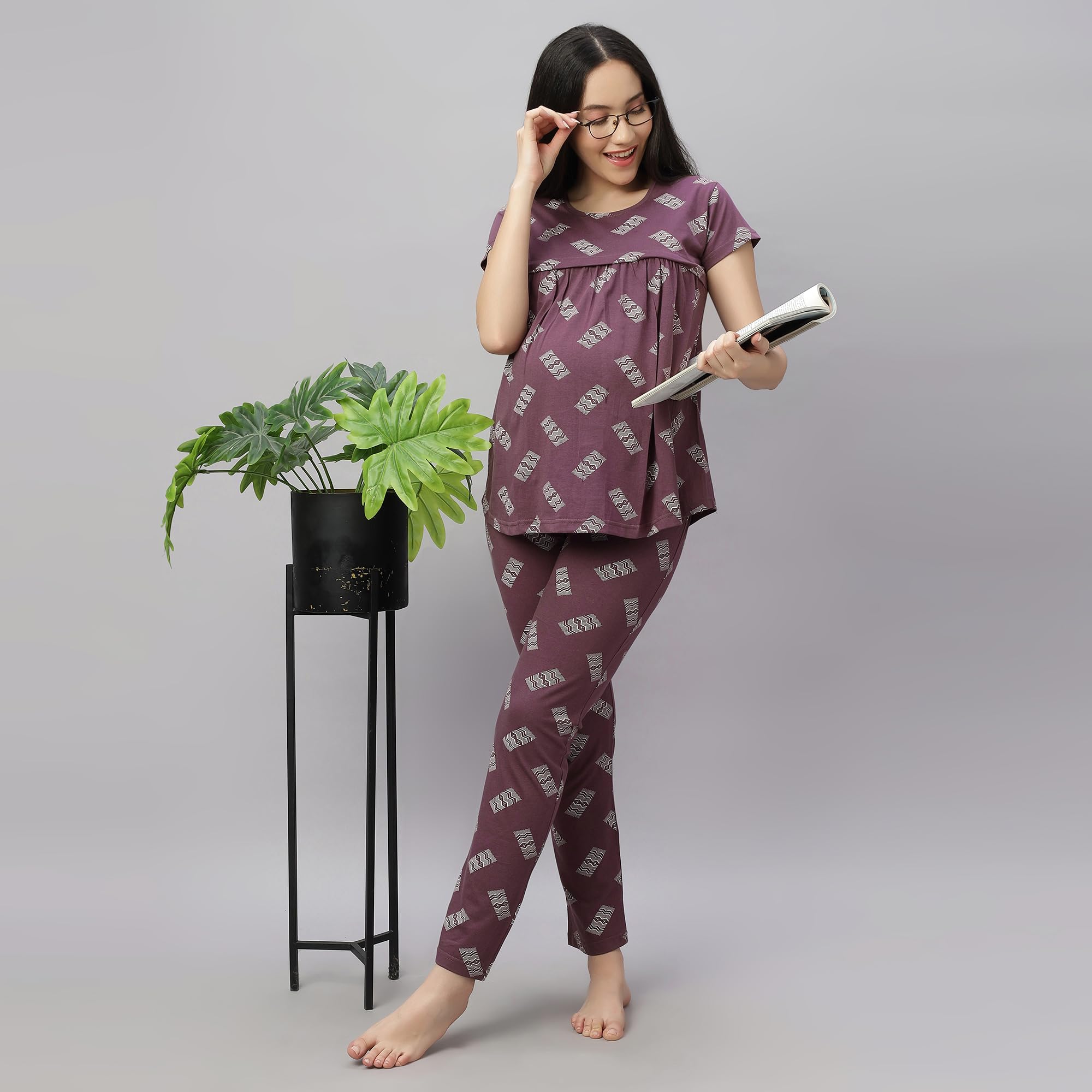 DZZO New Women's Cotton Printed Maternity Night Suit | Comfortable Feeding Night Dress | Soft & Breathable Nursing Pajama Set | Color - Brown, Size - XL - Image 5 thumbnail