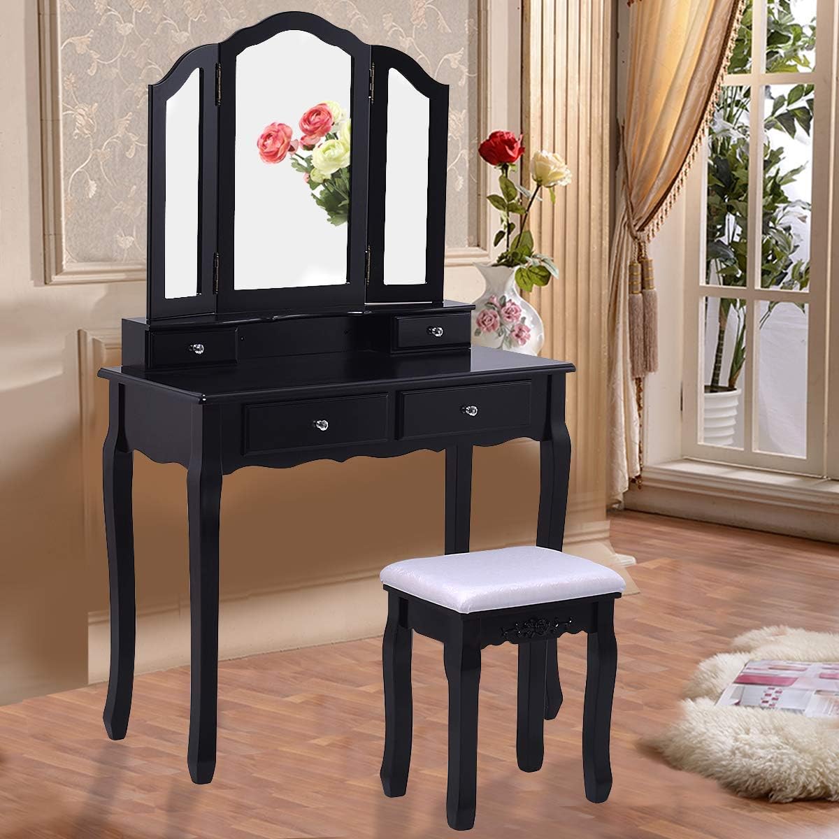 Casart Tri Folding Mirror Bathroom Vanity Makeup Table Stool Set Home Furniture with 4 Drawers (Black)