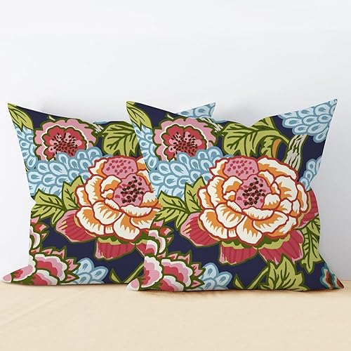 Miniatura 3 de Juego de 2 fundas de cojín con diseño floral de peonía roja y coral, diseño cuadrado de flores chinoiserie, almohada decorativa de doble cara para