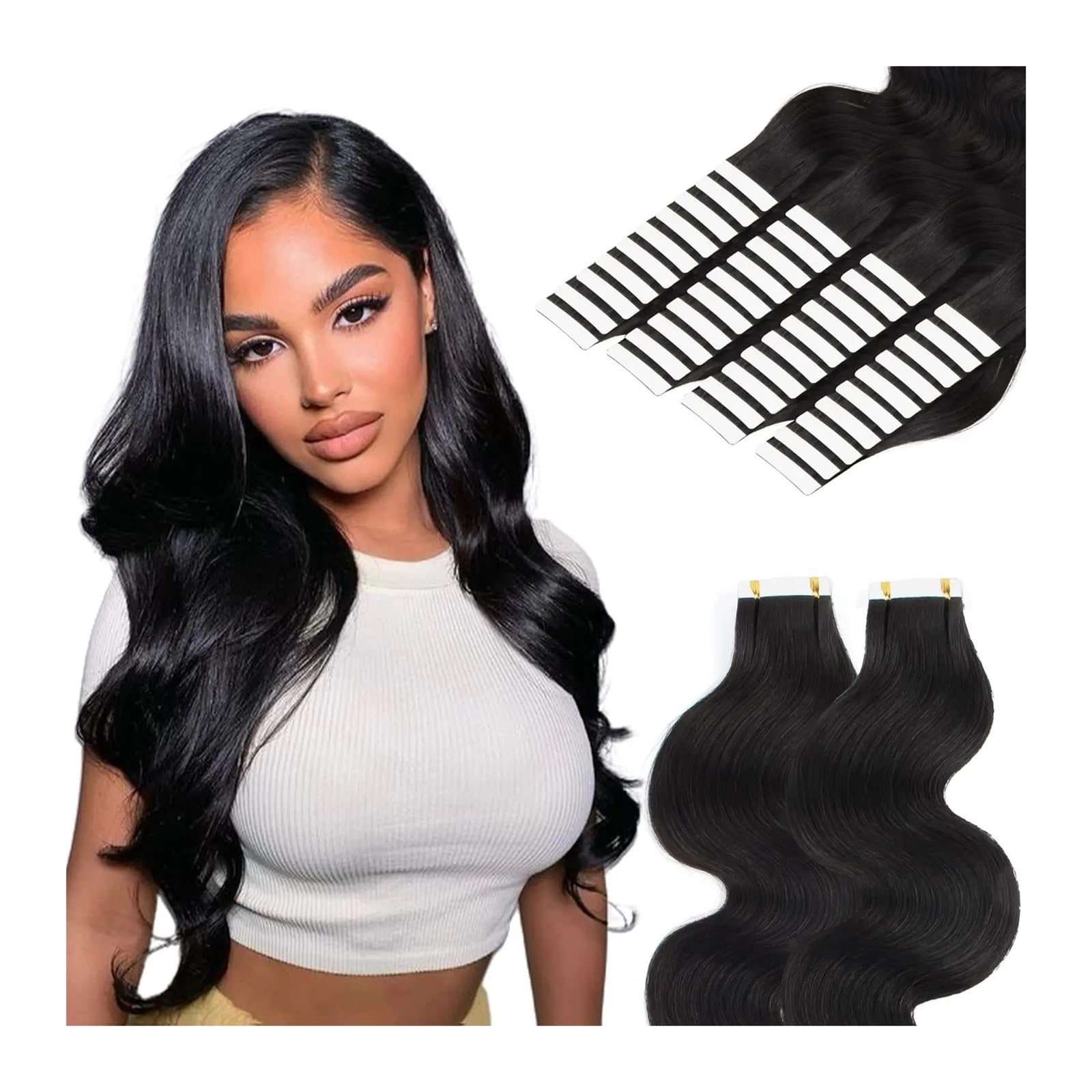 Bandverlängerungen Körperwellen-Tape-in-Haarverlängerungen, Echthaar, schwarze Frauen, 20 Stück, Tape-Ins for schwarze Frauen, Echthaar, doppelseitiges, nahtloses PU-Tape-in-Haarverlängerungen Haarver