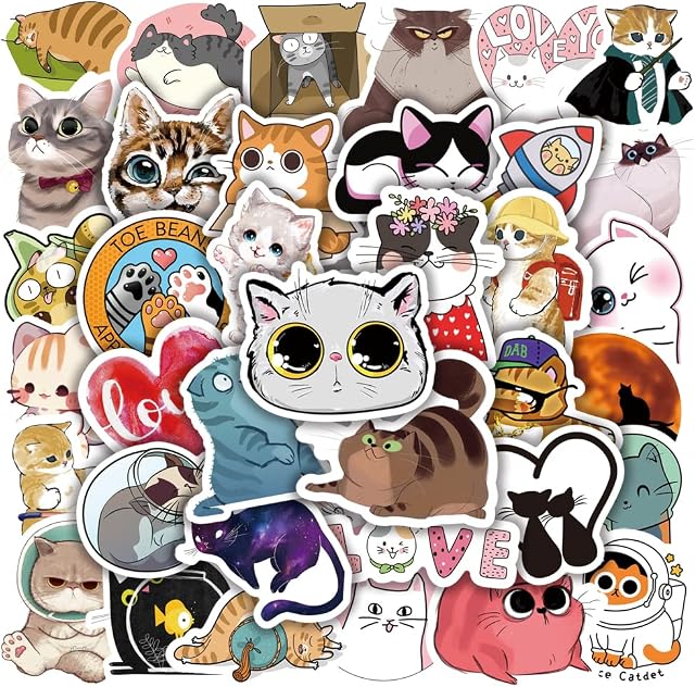 50pcs Cute Cat Stickers, Vinyl Waterproof Aesthetic Stickers Decals for Water Bottles Laptop Scrapbook, Kawaii Kitten Animal Stickers Pack, Cat Gifts Merchandise Stuff Things for Adult Teens Kids
