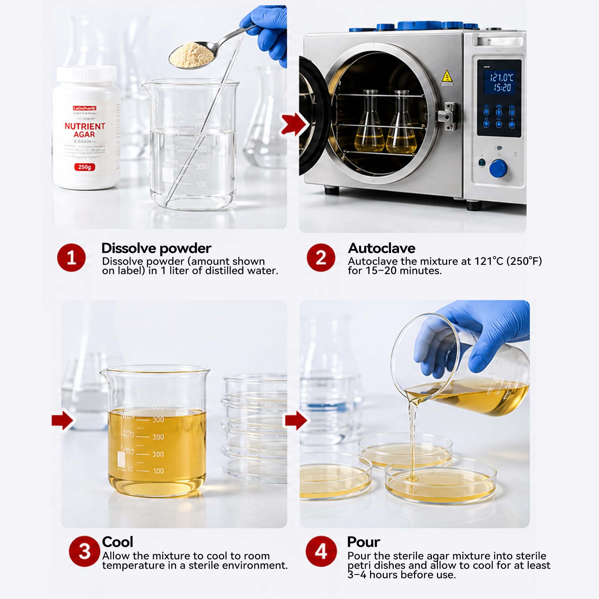 Polvo de agar nutriente 250 g, rendimiento 350-500 platos de Petri | Medio de cultivo de alta calidad para microbiología, proyectos de feria científica y experimentos de laboratorio