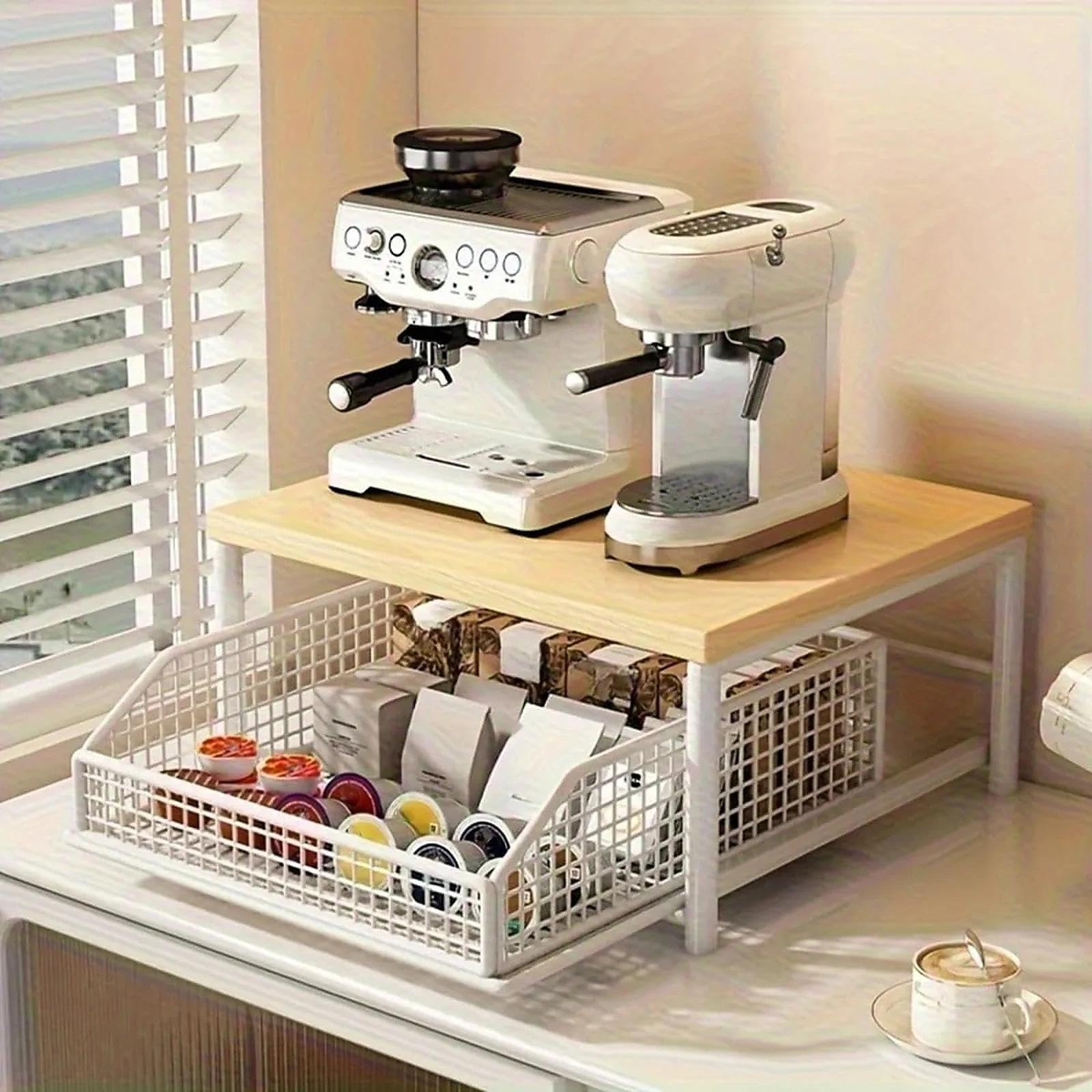 Kaktus Design stojak kuchenny do kuchenki mikrofalowej oszczędzający miejsce czarne drewno i metal z przesuwnym drążkiem i koszem idealny do narożników kawowych i małych blatów kuchennych