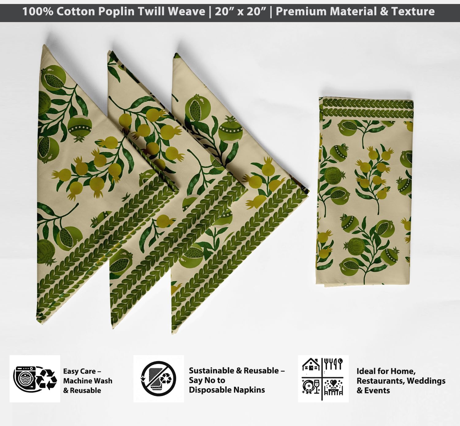 Designer Cotton Twill Napkins - Set of 12, 20-Inch, Fruits Design, Durable & Absorbent Cloth Napkins for Dining, Parties, and Home Decor - Machine Washable