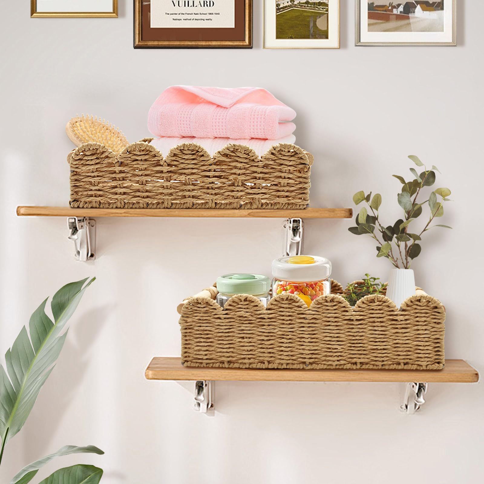 2 Pezzi Cestini Portaoggetti Cesto Vimini, Cestino Porta Carta Igienica Intrecciata con Manici in Legno, Scatola Contenitore Organizer Decorazioni per Cucina Bagno Ufficio Scaffale