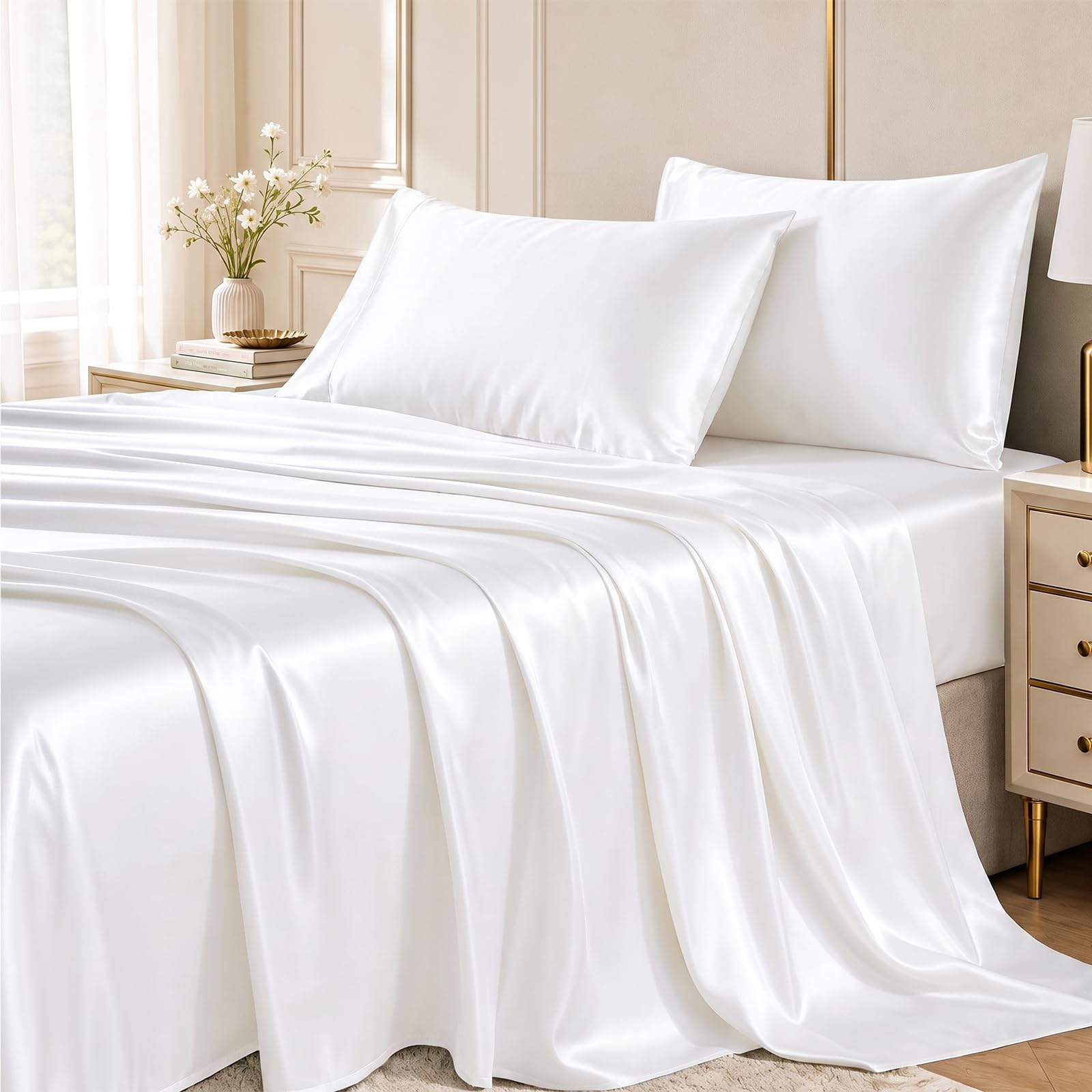 CozyLux Satin Sheets Queen, 4-Piece 14-Inch Deep Pocket Sheet Set