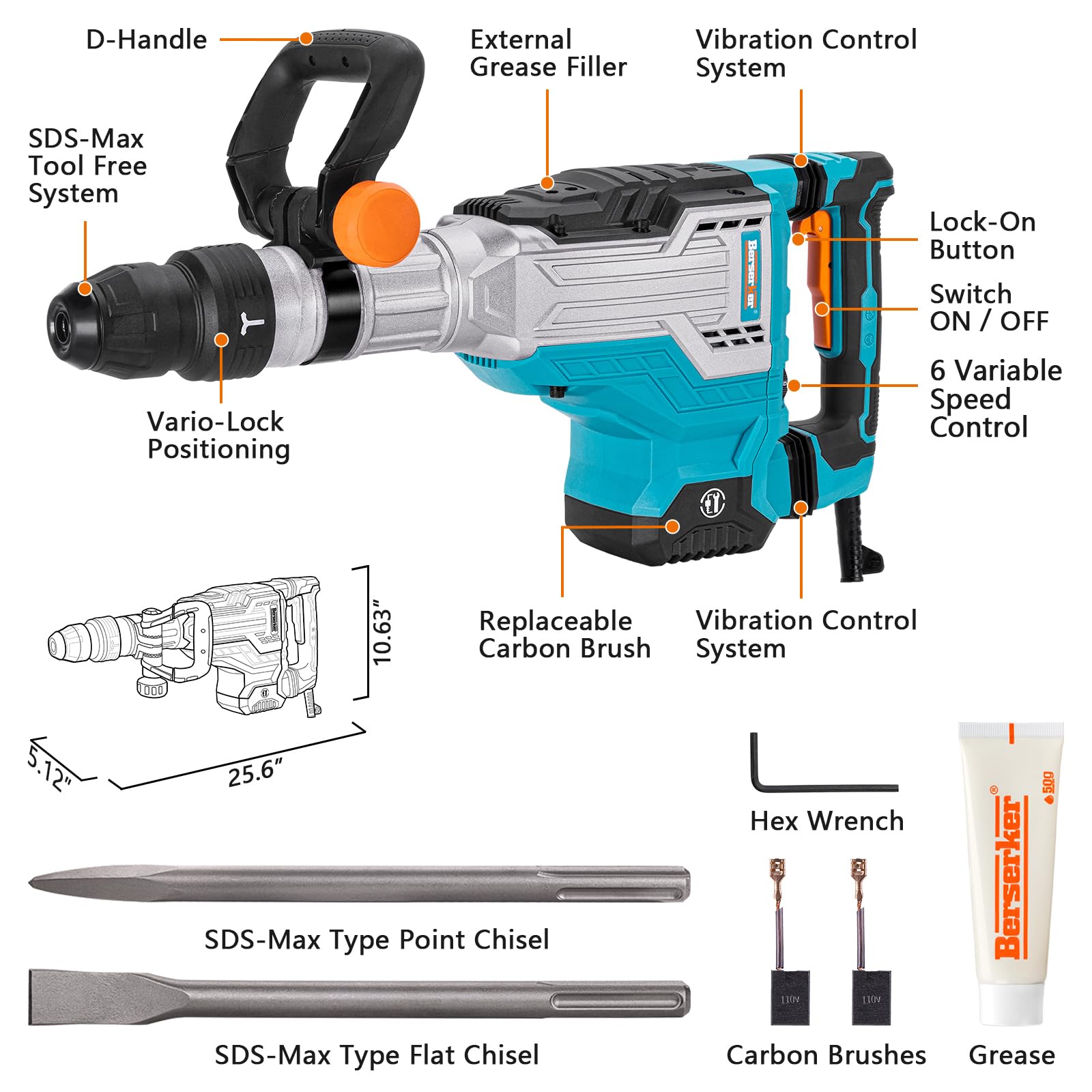 Berserker - Martillo de demolición SDS-Max de 1700 W de 25 libras, martillo de demolición eléctrico de 1-9/16 pulgadas con cable de 14 amperios, martillo de astillado de hormigón/pavimento con estuche