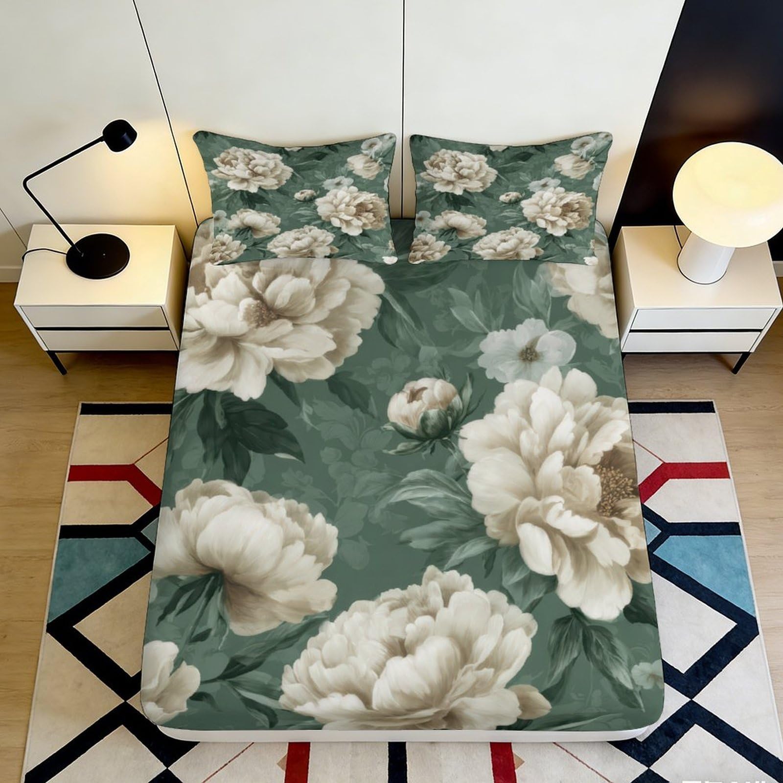 3D Printed Peony Green Fitted Sheet Microfiber Soft Floral Bed Cover for Bedroom Guestroom Dustproof Easy Care 90x200x25cm