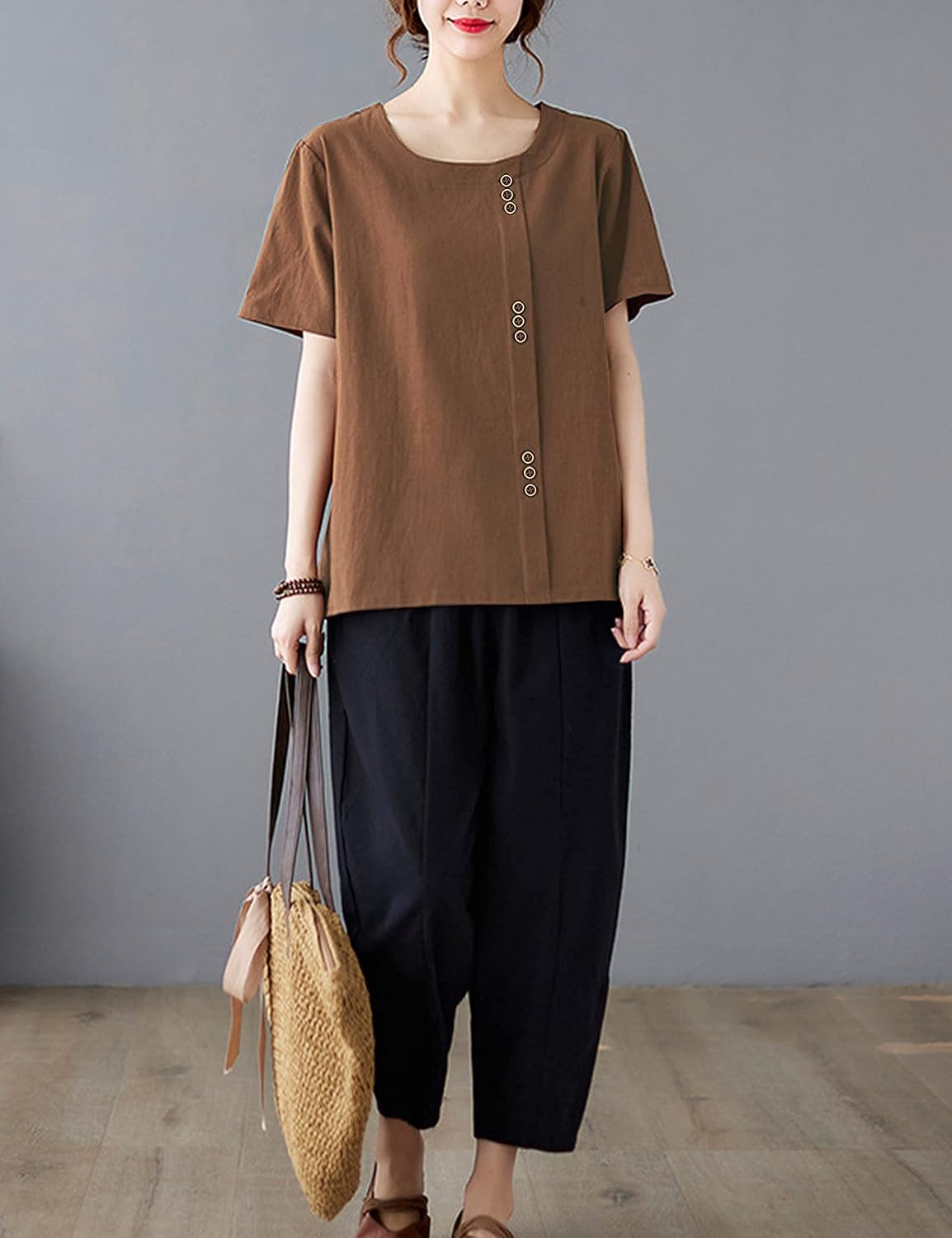 SCUSTY Womens Cotton Linen T Shirts Blouses Crew Neck Short Sleeve Solid Basic Tops(Coffee-XXL) - Image 3