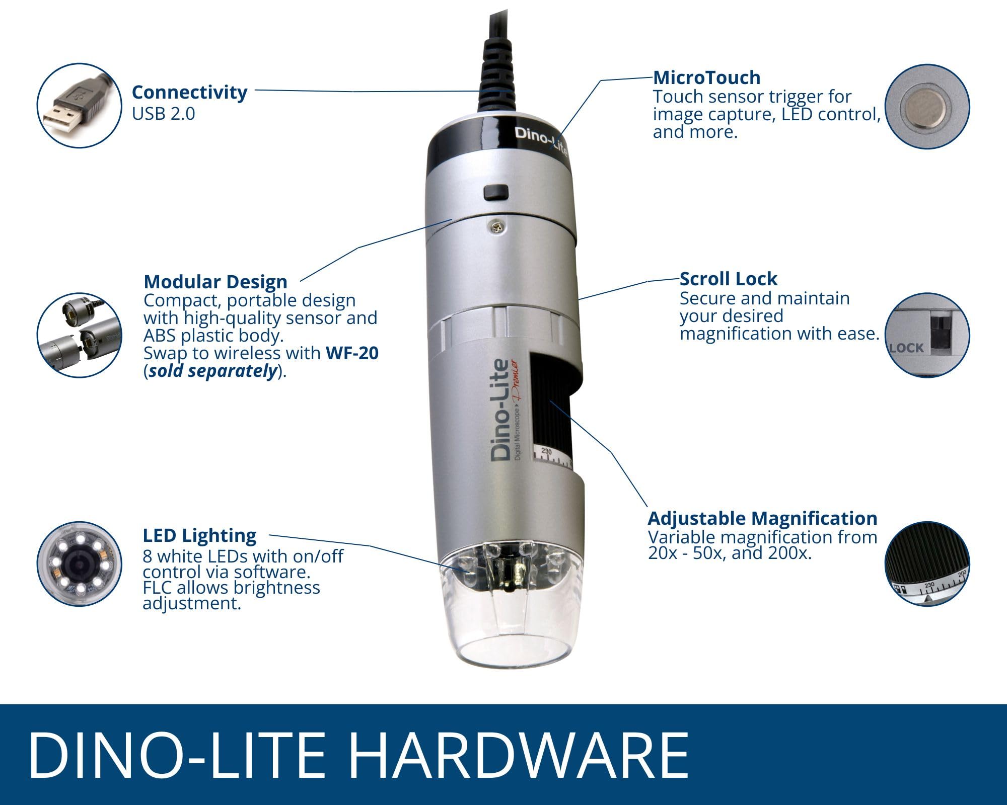 Dino-Lite - Microscopio digitale portatile USB AF3113T, 0,3 MP, potenza ottica 10x`230x, senza fili