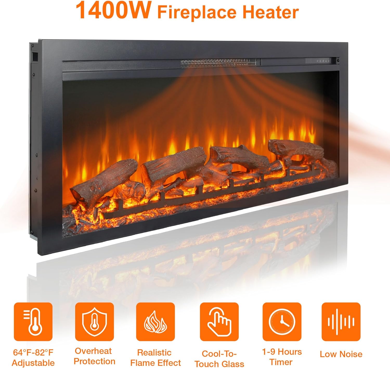 44" Electric Fireplace Insert, Realistic Flame & Log, Fireplace Heater with Adjustable Flame Brightness & Thermostat, Timer, Overheating Protection, 1400W (42 1/8" W x 18 25/32" H)
