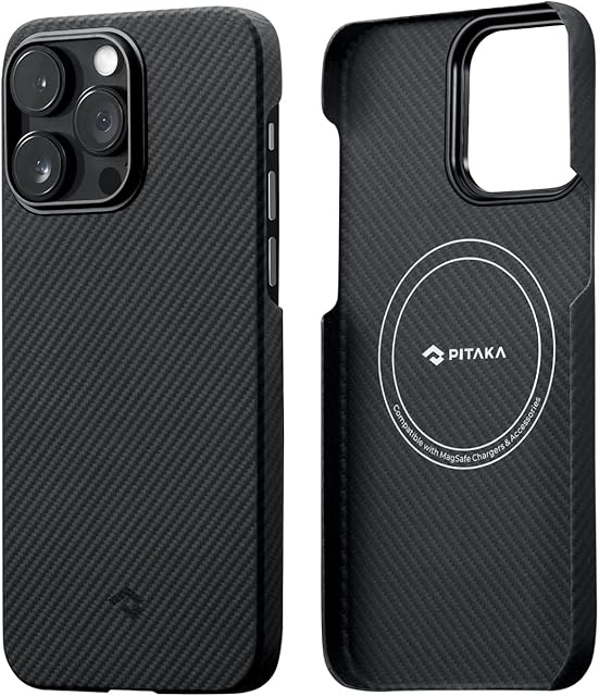 PITAKA iPhone 14 Pro Max Case Compatible with MagSafe, Slim & Light iPhone 14 Pro Max Case 6.7-inch, with a Case-Less Touch Feeling, Aramid Fibre Made [MagEZ Case 3], 600D Black/Grey(Twill)