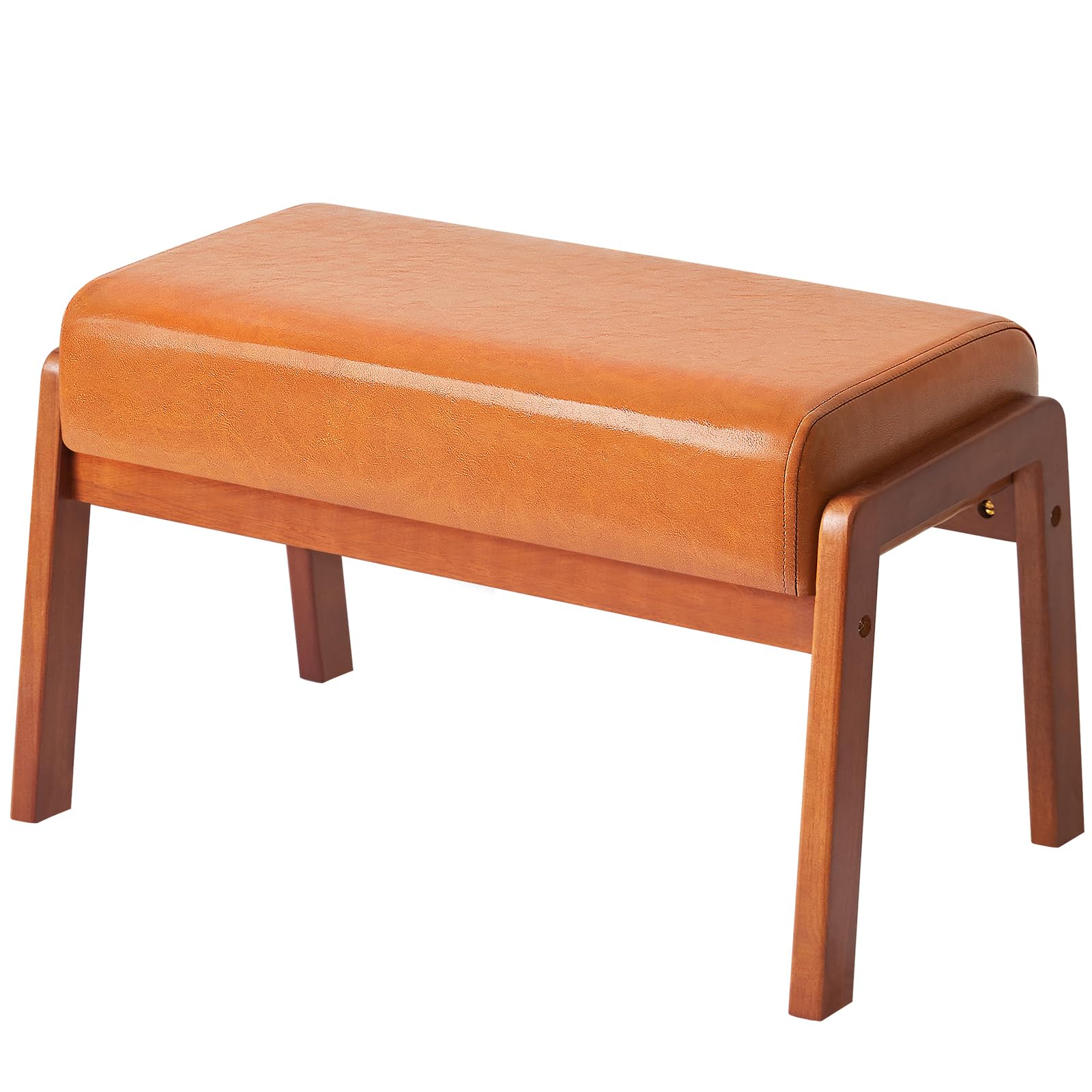 IBUYKE 14.2” H Large Foot Stool Ottoman, Rectangle PU Faux Leather Foot Rest with Padded Seat and Wood Legs, Modern Ottoman Foot Rest for Accent Chair Living Room Bedroom, Yellowish-Brown WBD031J