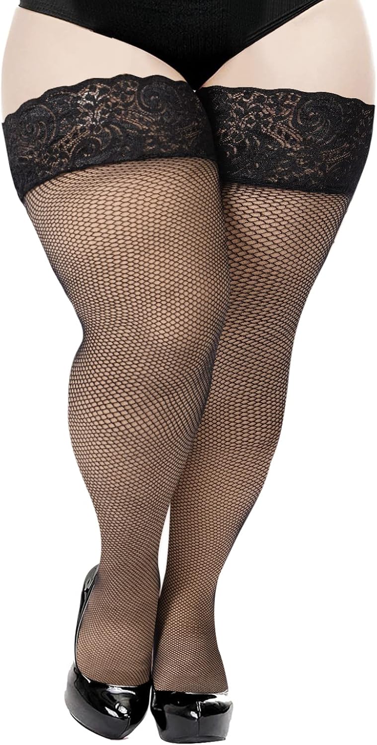 Moon Wood Plus Size Fishnet Stockings Womens Sheer Silicone Lace Top Stay Up Lingerie Fishnets Thigh Highs Stockings