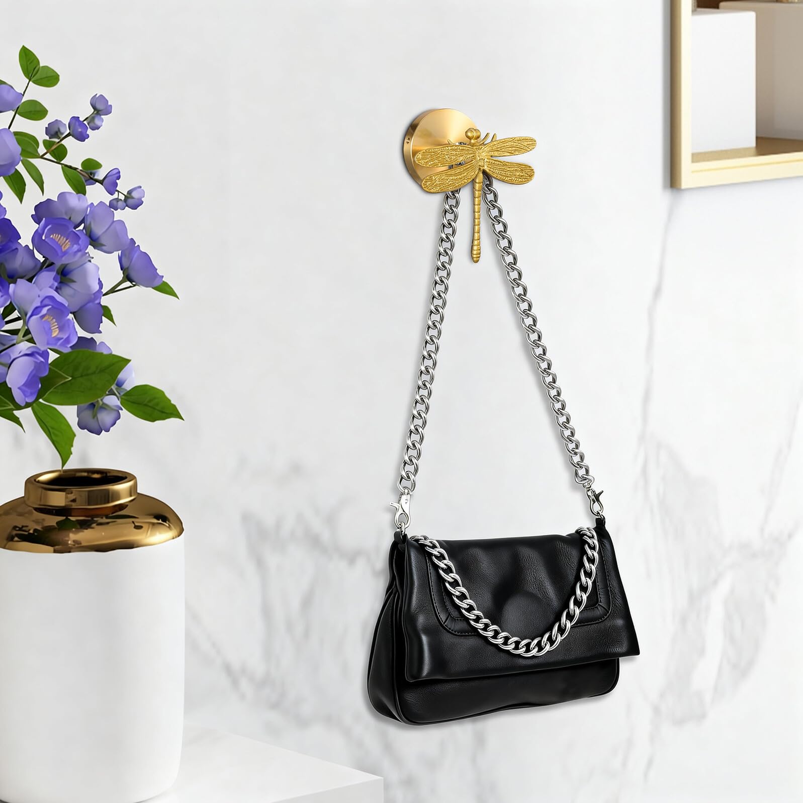 Gancho de Pared de Latón sin Taladro para Abrigos y Toallas, Diseño Libélula, Resistente y Decorativo, Gancho Metálico para Entrada y Cocina, Fácil Instalación, Soporte Seguro