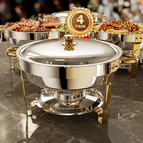 WARMOUNTS Gold Chafing Dishes for Buffet (5QT, 4 Pack), Round Chafing Dish Buffet Set, High Grade Stainless Steel Chafers and Buffet Warmers Sets, Food Warmers for Catering Events, Parties, Weddings