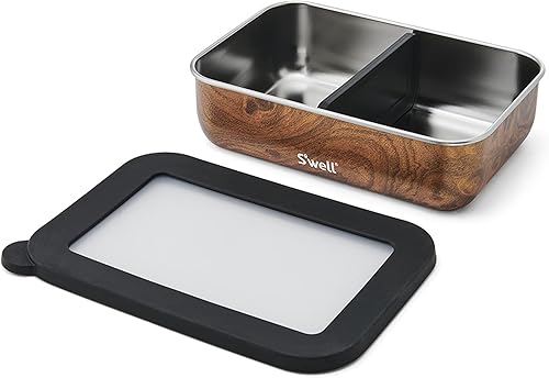 Miniatura 3 de S'well Caja Bento de Acero Inoxidable, Madera de Teca, Para Un Plato Grande o Plato Pequeño y Snack, Incluye Divisor Removible, A Prueba de Fugas,