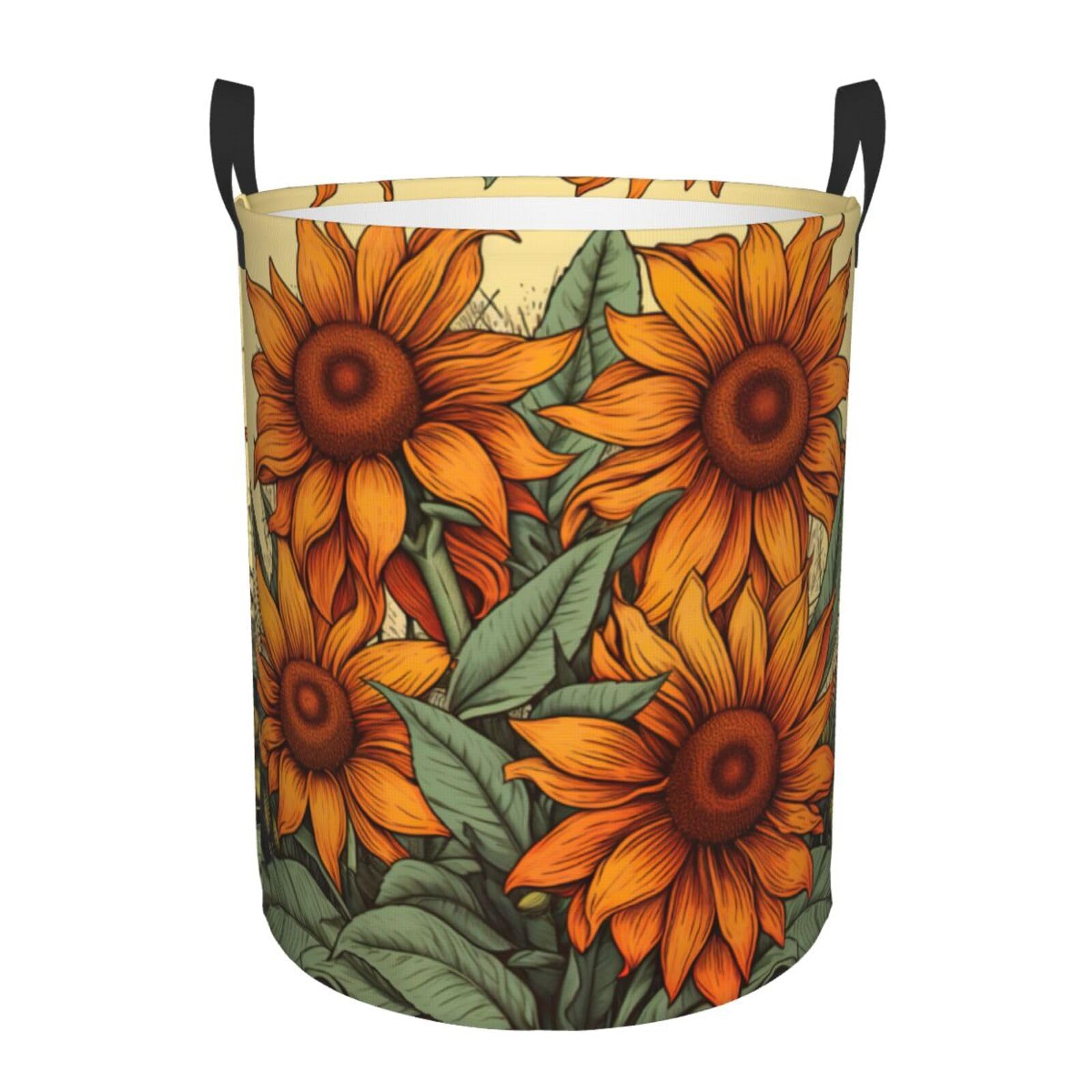 S Collapsible Laundry Hamper Round Spring Sunflowers Retro Flowers Print Storage