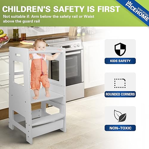 Miniatura 7 de Taburete de cocina para niños pequeños, torre para niños pequeños con riel de seguridad, taburete para encimera de cocina, altura ajustable,