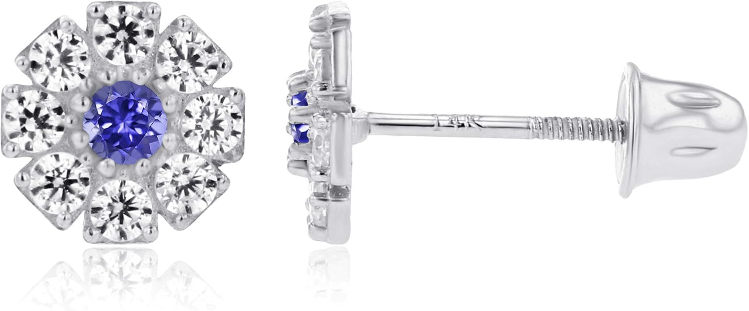Solid 14K Gold 6mm Flower Natural Birthstone Screwback Earrings For Women | 2mm Birthstone | 1.5mm Round Pave Created White Sapphire Gemstone Flower Screwback Earrings For Women