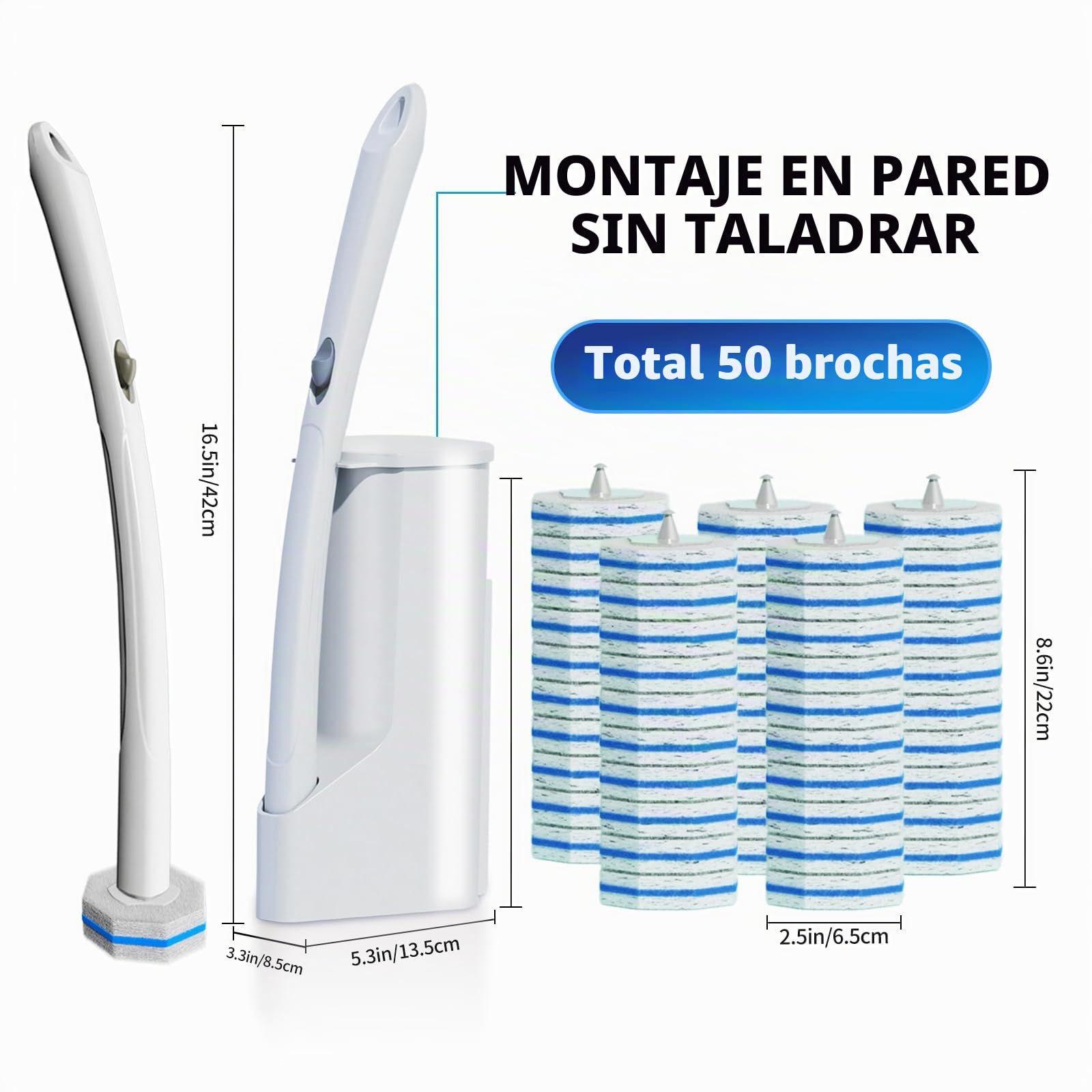 Sistema de Limpieza de Cepillo de Inodoro desechable, Cepillo de Limpieza de Inodoro, 50 Cabezales de Cepillo de Repuesto, Palo de Limpieza de Inodoro, Kit de Varita de toliet montado en la Pared,
