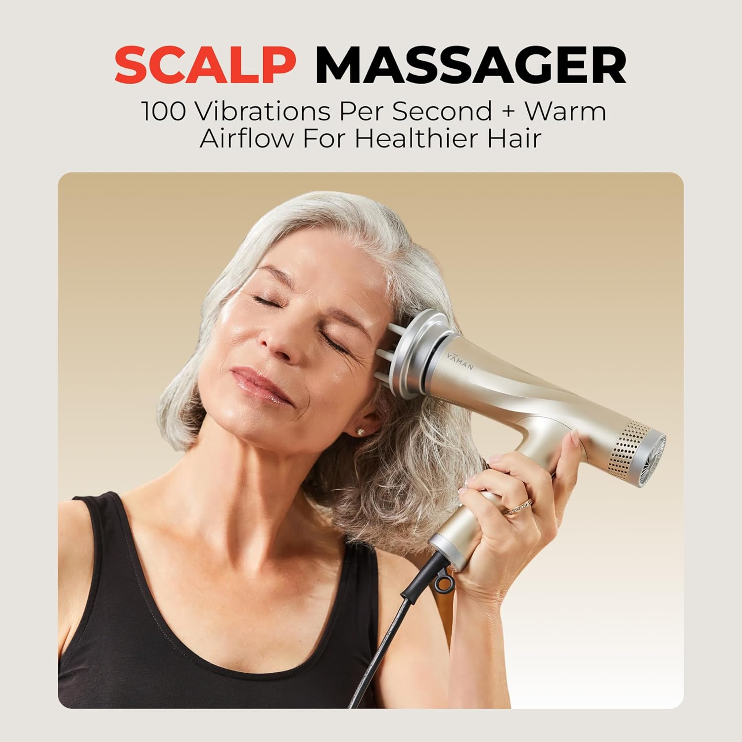 Woman using YA-MAN Blow Dryer with Scalp Massager
