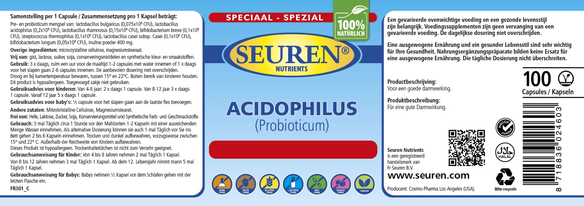 Seuren Nutrients | Acidophilus acondicionador intestinal 100 cápsulas Probiótico Sin gluten | Sin lactosa | Sin azúcar 100% natural