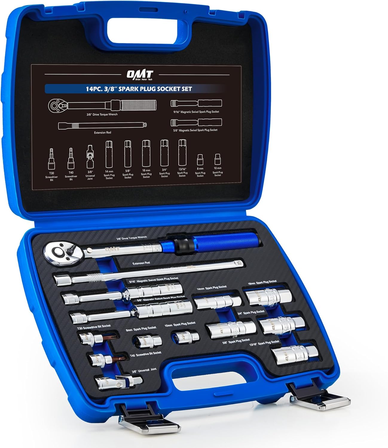 Orion Motor Tech 14pc Spark Plug Socket Set, 3/8 Inch Drive Magnetic Swivel Spark Plug Socket Set with Torque Wrench, Torque Bits, Universal Joint and Extension Bar, 5-45 ft.lb Spark Plug Removal Tool