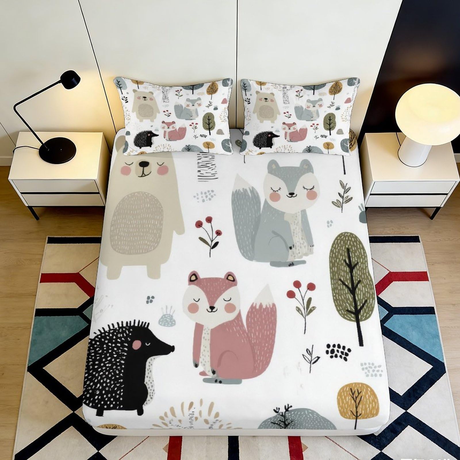 3D Printed Woodland Animals Fitted Sheet Microfiber Soft Breathable Forest Creatures Mattress Cover for Bedroom Dorm Mattress Protection Decor 180x200x25cm