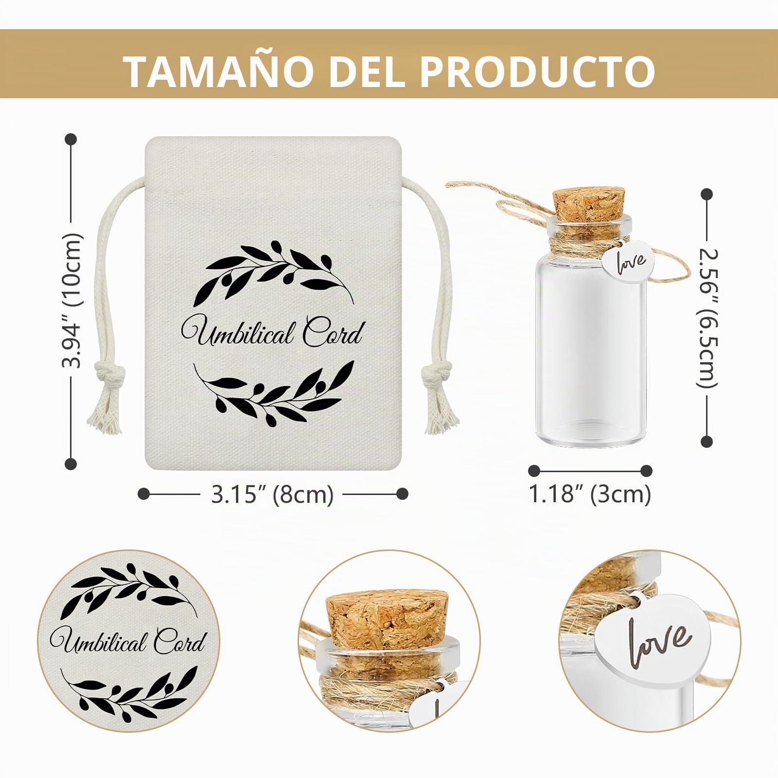 Botella de vidrio con corcho para guardar el cordón umbilical/cabello fetal, ideal como recuerdo para recién nacidos, bautizos o baby showers. Incluye bolsa de regalo. (love)