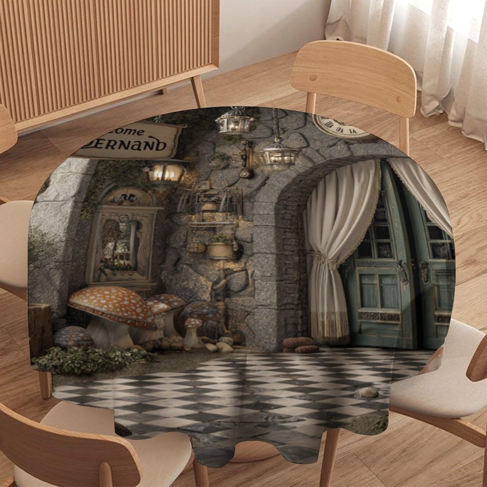 LUYYSKY Vintage Woodland Forest Round Tablecloth Modern Aesthetic Black White Floor Landscape Mushroom Print Washable Decor for Table Cover for Kitchen-177.8" Wx177.8 L cm