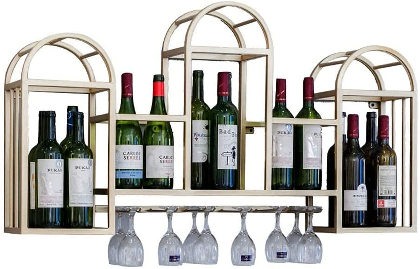 Casier à vin mural et porte-verres suspendu en métal or pour bar