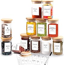 AISIPRIN 12 Pcs 8oz Spice Jars with Label,Bamboo Lids Glass Spice Containers,Seasoning Organizer for Kitchen Storage,114 Labels and Marker Included