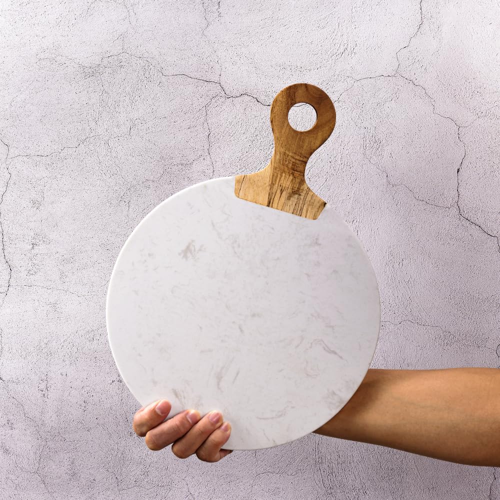 Kadum Tabla de Servir Carrara de Mármol Blanco y Madera de Acacia Con Mango, Redonda para Desayuno, Cocina y Queso, Diámetro 25 cm