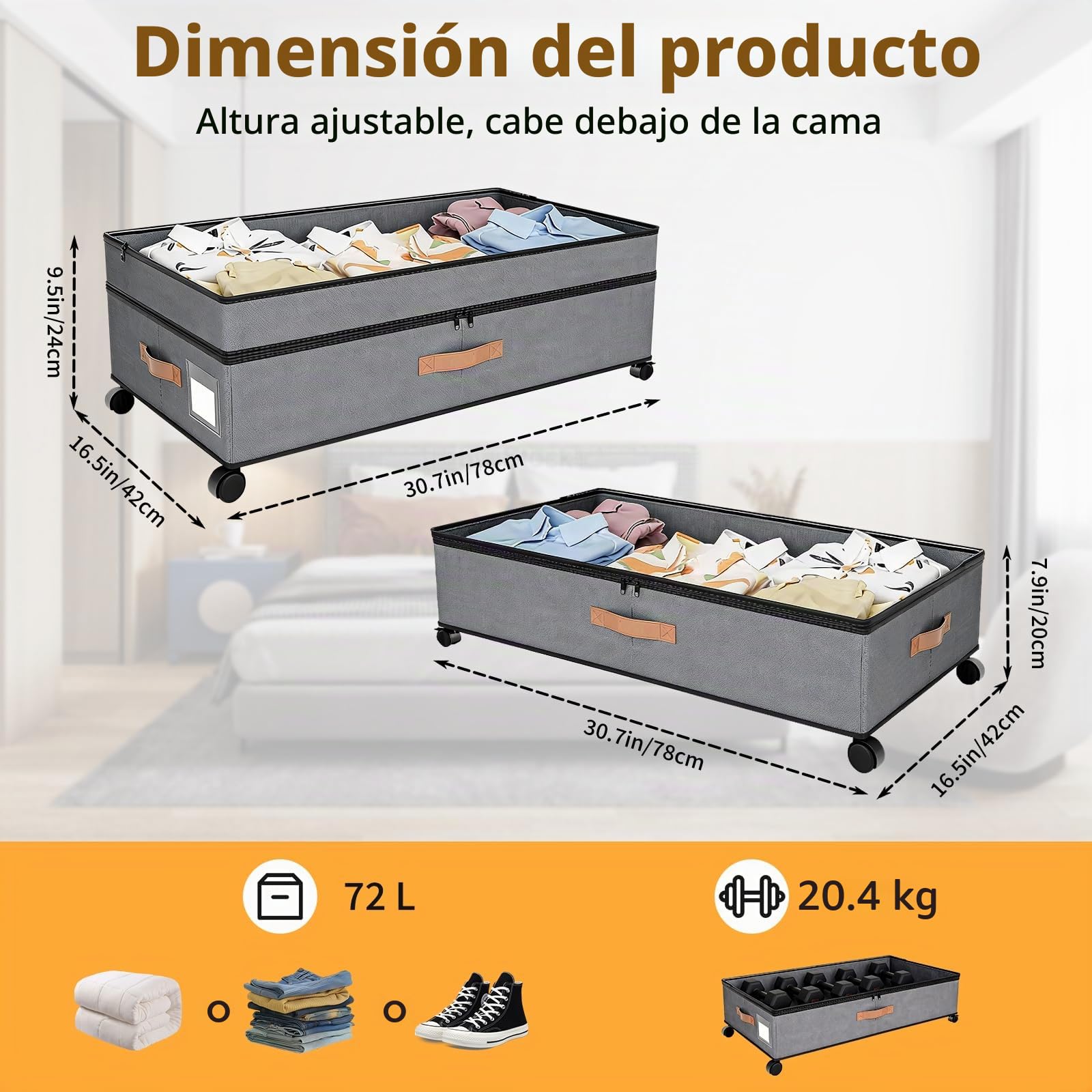 2 Piezas Cajas Almacenaje Ropa Bajo Cama con Ruedas 360°, 72L Gran Capacidad Organizador Zapatos y Mantas, Caja con Tapa Transparente y Asas Reforzadas, Gris