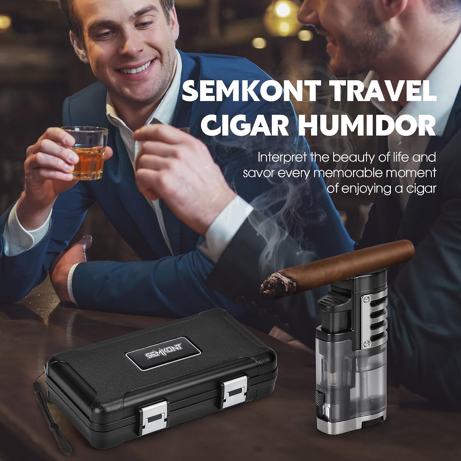 Cigar Humidor, Portable Travel Cigar Box, Double Cigar Humidor with Separate Storage for Cigar Accessories, Cigar Travel Case with Cigar Lighter(No Butane), Holds 5 Cigars (Black)