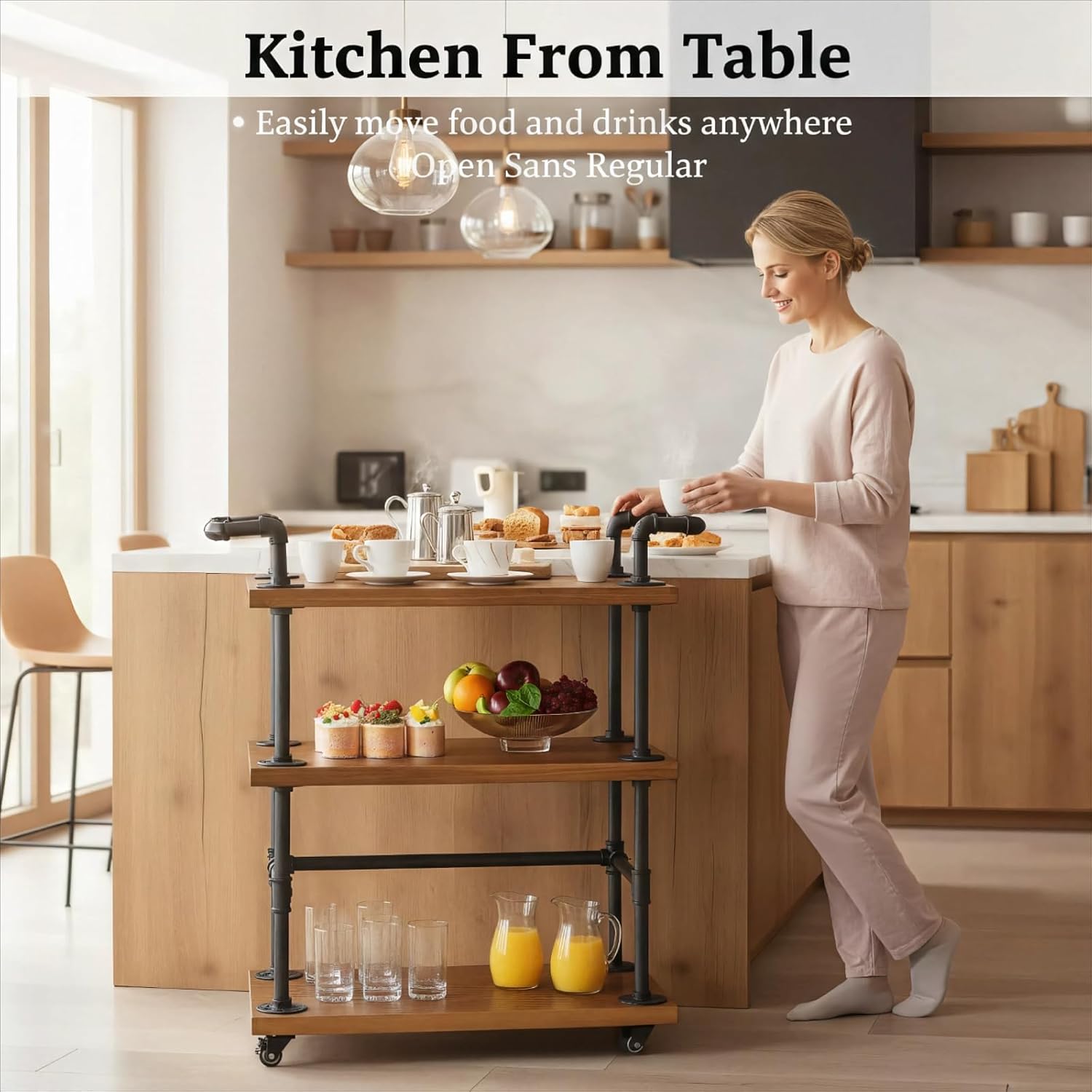 Industrial Pipe Bar Carts/Serving Carts/Kitchen Carts/Wine Rack Carts on Wheels with Shelves - Wood Rolling Carts - Wine Tea Liquor Shelves/Holder - Home Furniture