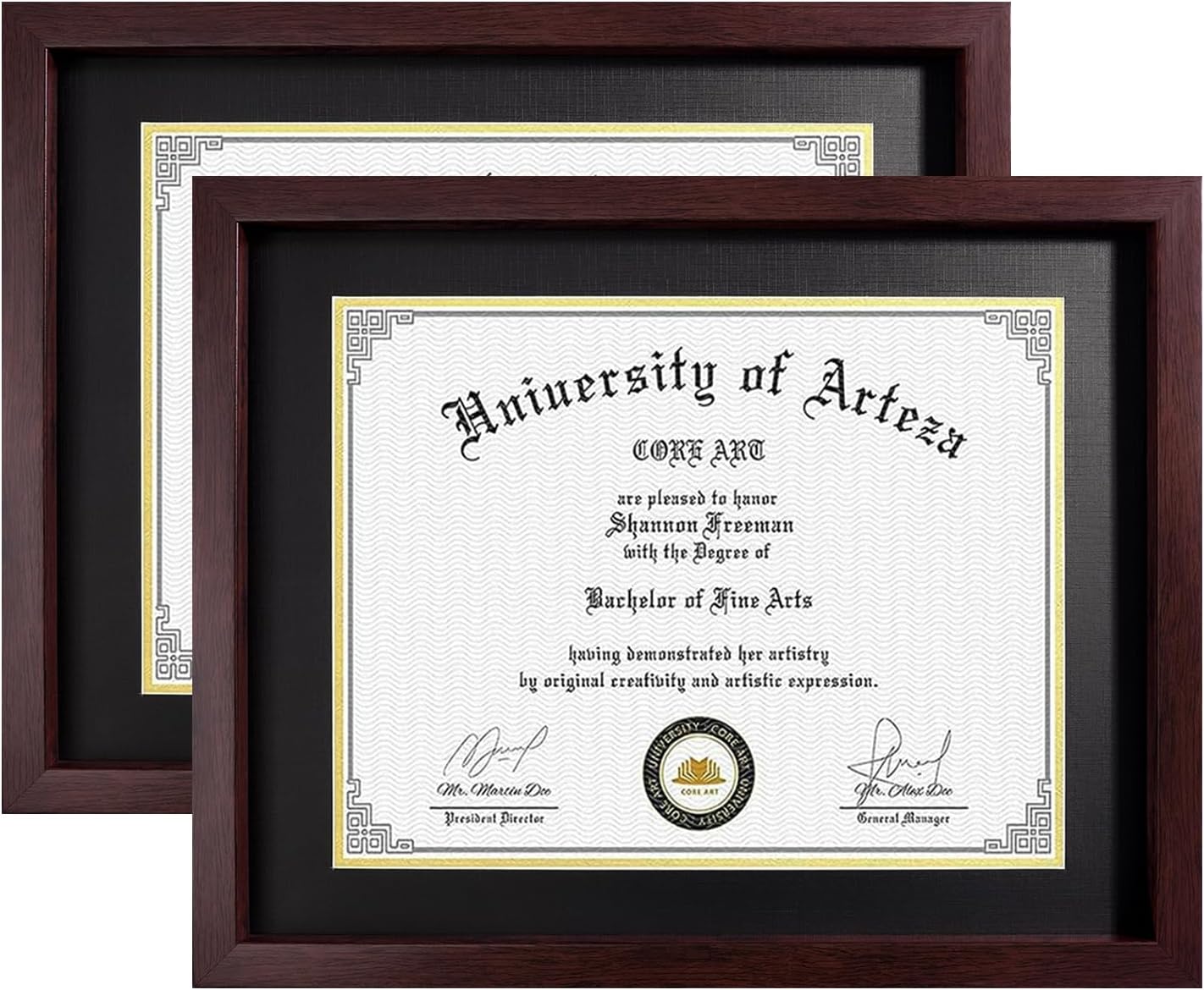 CORE ART 11x14 Diploma Frame Display Certificates 8.5 x 11 with Mat or 11 x 14 without Mat, College Degree Frame with Real Glass, Wall and Tabletop Display(Brown, 2 Pack)