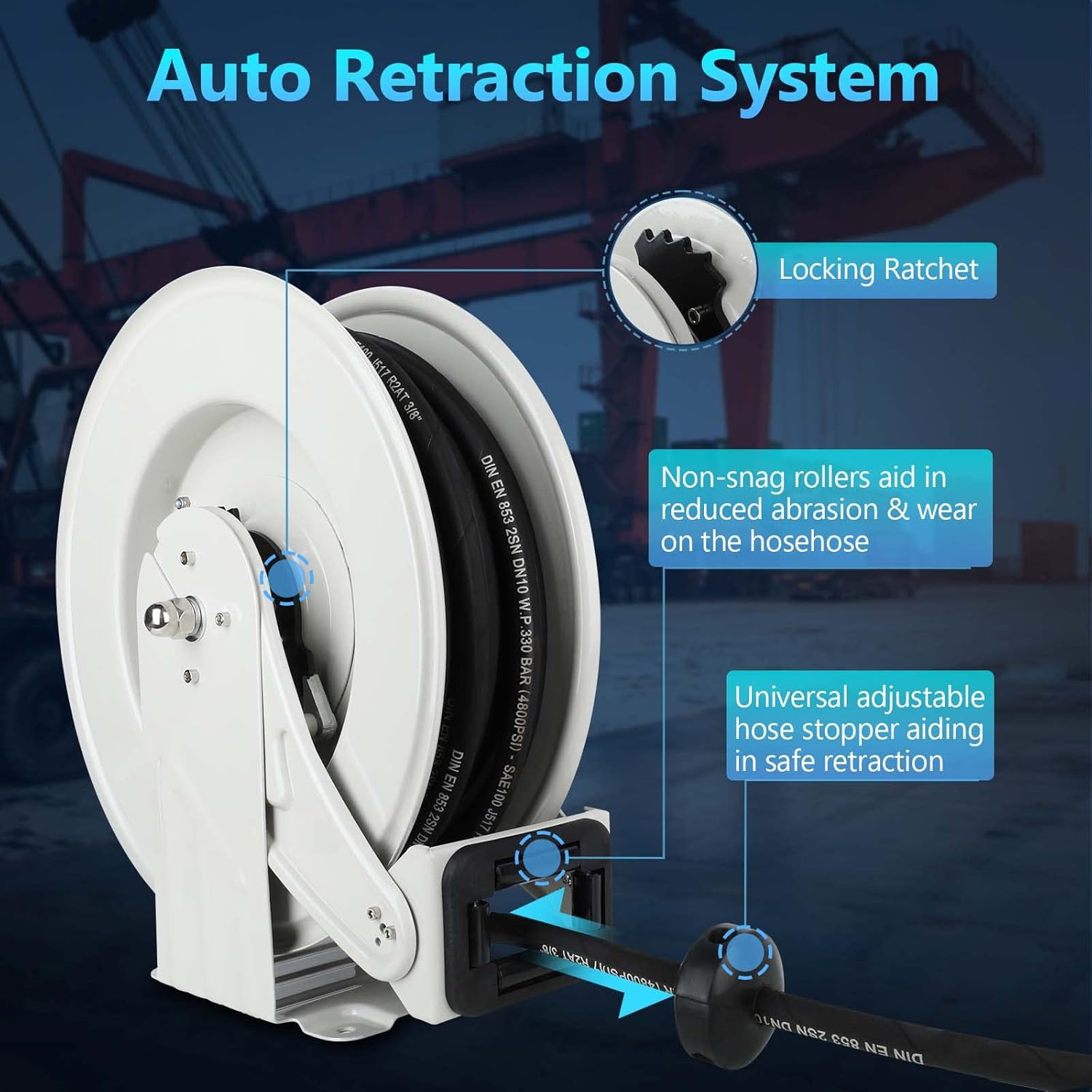3/8 inch x 50 ft Oil Hose Reel Retractable Hose W P 330 BAR Max 4800 PSI Adjustable Support Arm and Pipe Gripper Spring Driven Steel Construction Heavy Duty Industrial Hose Reel for Butter Oil