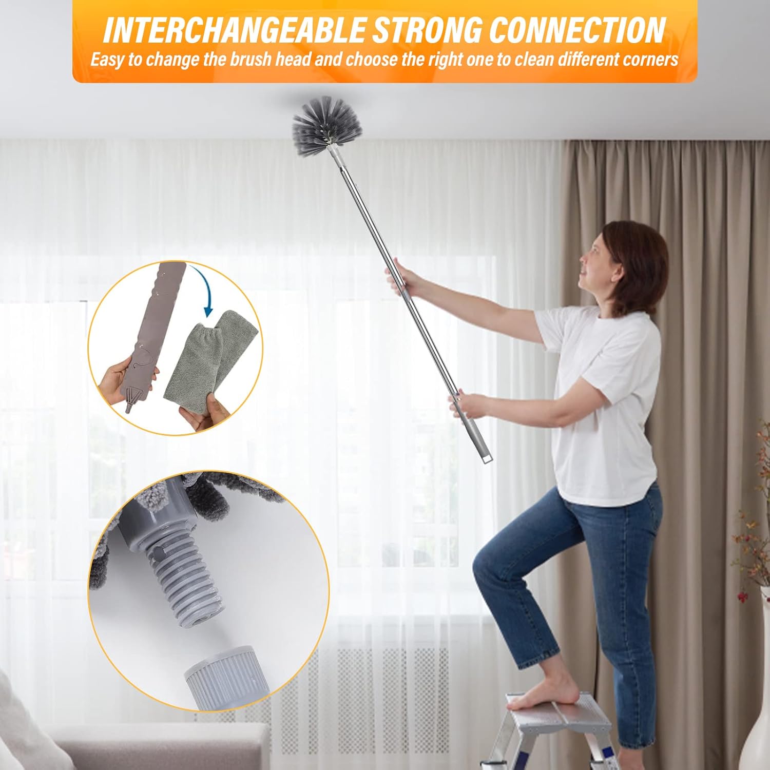 Microfiber Feather Duster, 7-Piece Set of Retractable Cleaning Dust Remover Combination for High Ceiling, Ceiling Fan, Spider Web (Gray) Gap Dust Remover