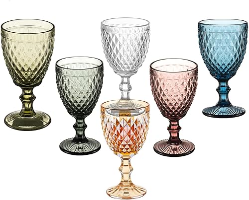 Juego de 6 copas de vino vintage, copas de agua de vidrio de colores de 10 onzas, patrón único en relieve, cristalería de tallo transparente de alta